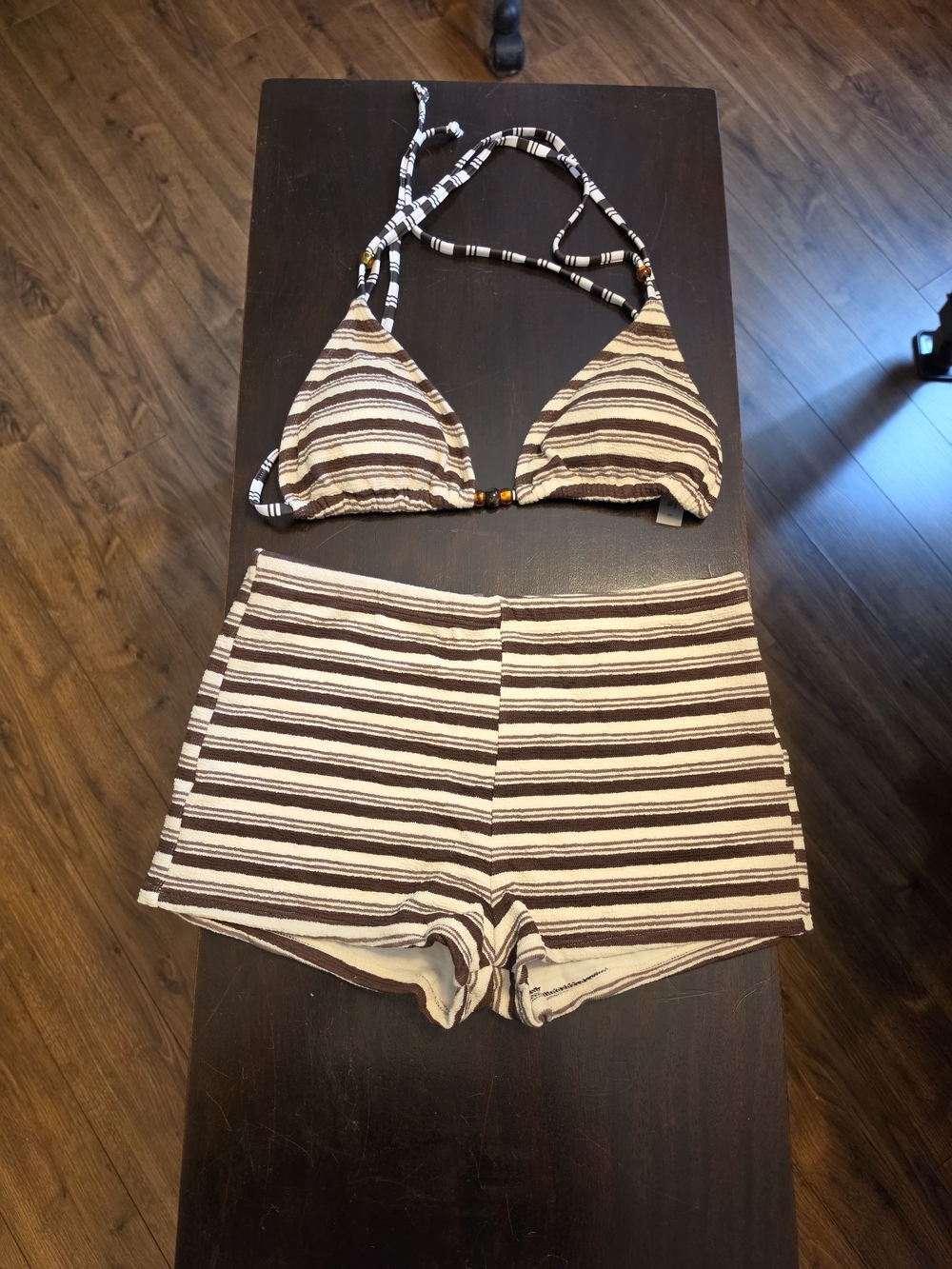 Striped Terry Cloth Two-Piece Bikini Set in Brown & Cream